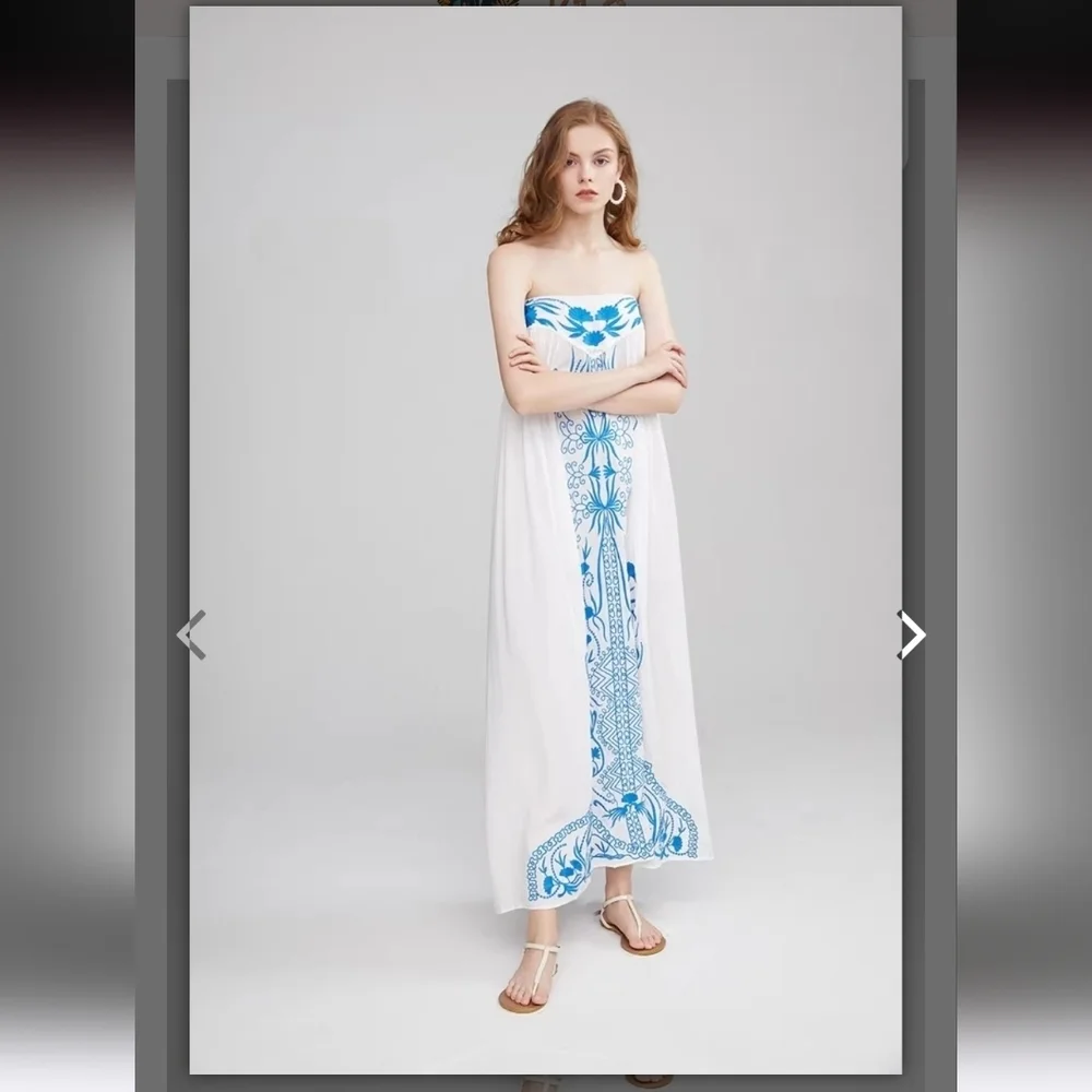 Chic White and Blue Strapless Maxi Dress - Picture 10 of 16